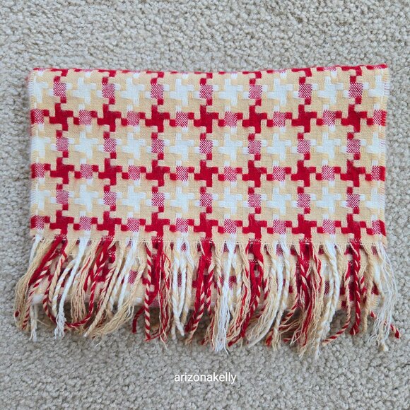 Woven Cashmere Houndstooth Scarf Red Tan White Pink - Picture 13 of 16